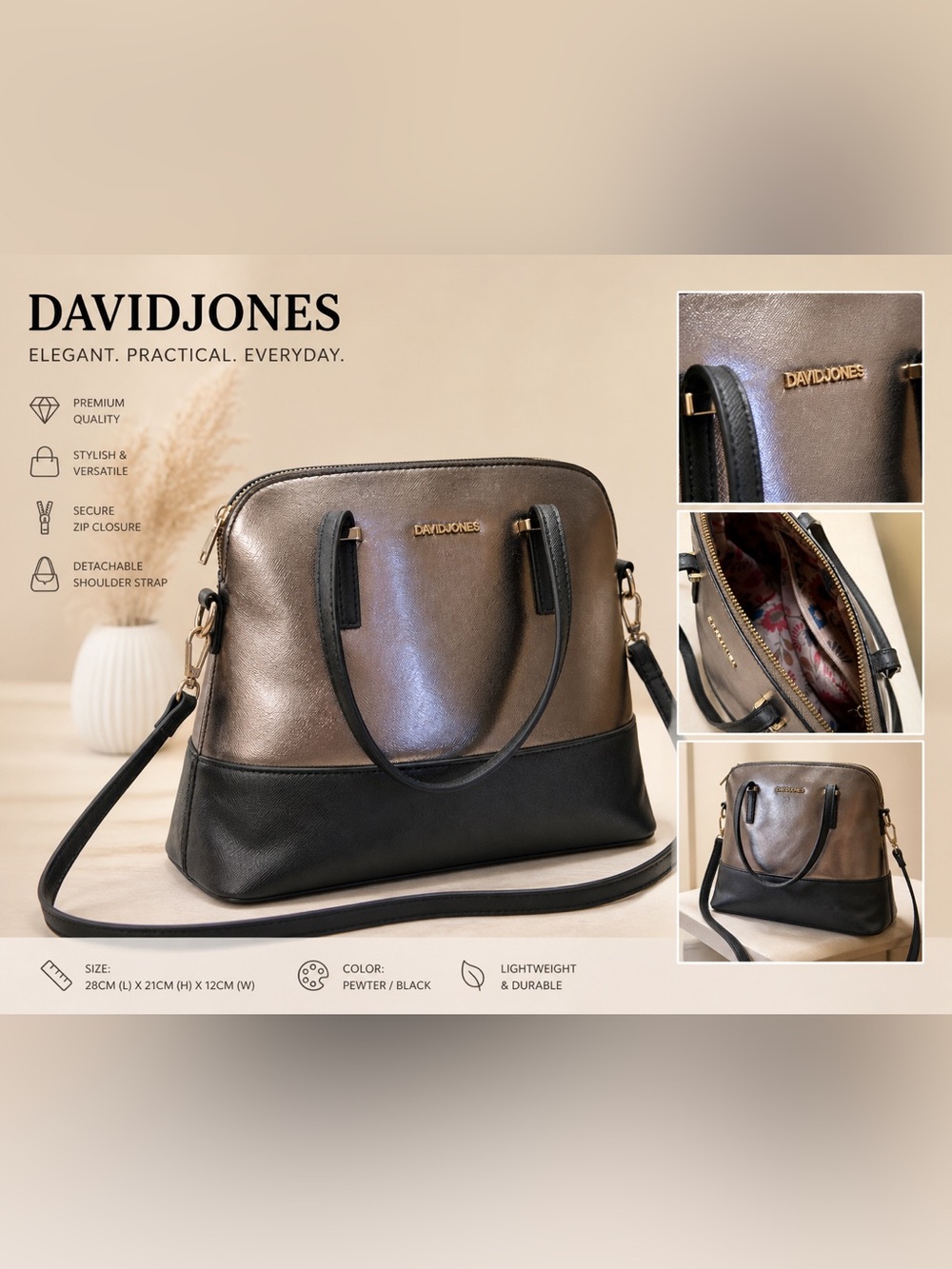 David Jones Pewter and Black Dome Tote